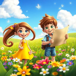 A vibrant scene featuring two original animated characters styled like Disney characters