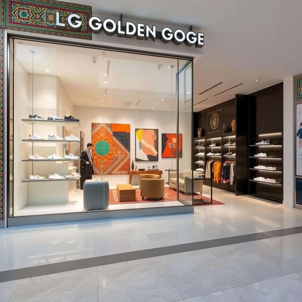 A beautifully designed Golden Goose shop located in Iran, showcasing a blend of modern and traditional Iranian styles