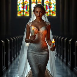 A beautiful young bride walking towards the viewer in a dark, atmospheric church setting, illuminated by a warm glow from a candle she holds