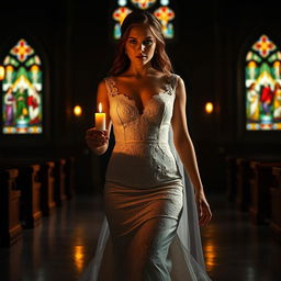 A beautiful young bride walking towards the viewer in a dark, atmospheric church setting, illuminated by a warm glow from a candle she holds