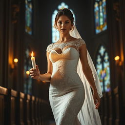 A beautiful young bride walking towards the viewer in a dark, atmospheric church setting, illuminated by a warm glow from a candle she holds