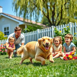 A warm and vibrant family scene with their beloved pet, a playful golden retriever, happily running around in a lush green garden