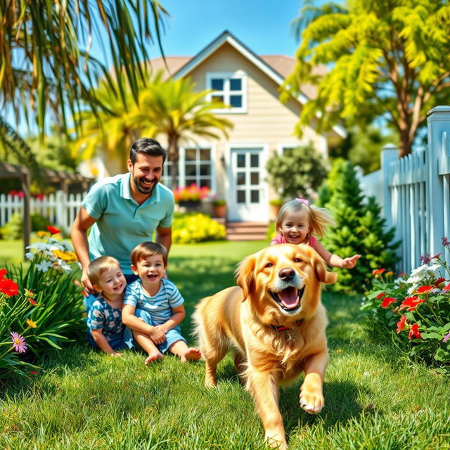 A warm and vibrant family scene with their beloved pet, a playful golden retriever, happily running around in a lush green garden