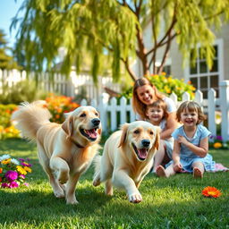 A warm and vibrant family scene with their beloved pet, a playful golden retriever, happily running around in a lush green garden