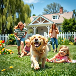 A warm and vibrant family scene with their beloved pet, a playful golden retriever, happily running around in a lush green garden