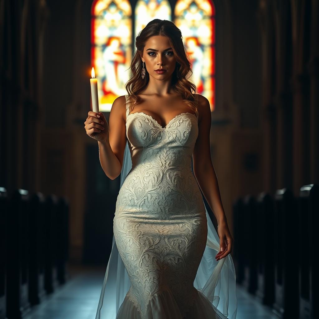 A beautiful young bride walking towards the viewer in a dimly lit church, holding a candle that casts a warm glow