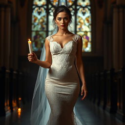 A beautiful young bride walking towards the viewer in a dimly lit church, holding a candle that casts a warm glow