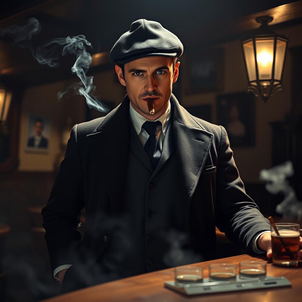 A rugged, sharp-dressed man inspired by the character Tommy Shelby from the series 'Peaky Blinders'