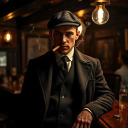 A rugged, sharp-dressed man inspired by the character Tommy Shelby from the series 'Peaky Blinders'