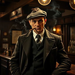 A rugged, sharp-dressed man inspired by the character Tommy Shelby from the series 'Peaky Blinders'