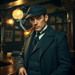 A rugged, sharp-dressed man inspired by the character Tommy Shelby from the series 'Peaky Blinders'