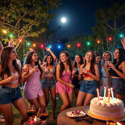 A lively night scene depicting a group of young women enjoying a party in an outdoor setting