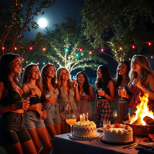 A lively night scene depicting a group of young women enjoying a party in an outdoor setting