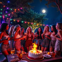 A lively night scene depicting a group of young women enjoying a party in an outdoor setting