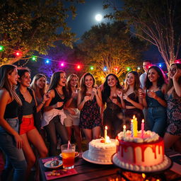 A lively night scene depicting a group of young women enjoying a party in an outdoor setting