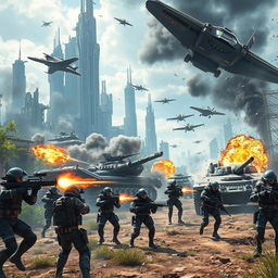 A futuristic and dynamic battlefield scene inspired by the video game Battlefield 2042