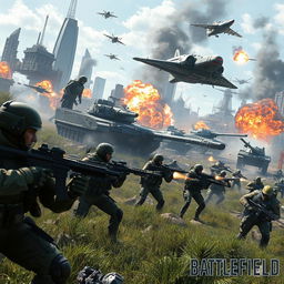 A futuristic and dynamic battlefield scene inspired by the video game Battlefield 2042