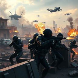 An immersive battlefield scene inspired by Battlefield 2042, depicting a chaotic war environment