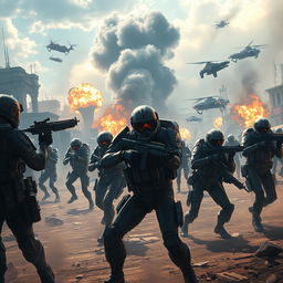 An immersive battlefield scene inspired by Battlefield 2042, depicting a chaotic war environment