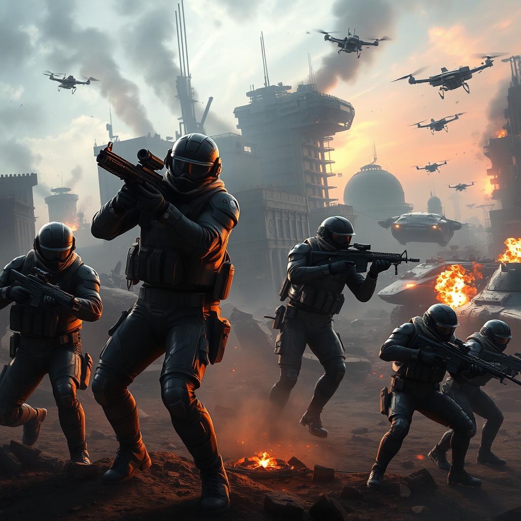 An immersive battlefield scene inspired by Battlefield 2042, depicting a chaotic war environment