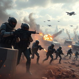 An immersive battlefield scene inspired by Battlefield 2042, depicting a chaotic war environment