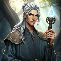 A handsome male fantasy cleric with striking teal eyes and long silver hair tied back elegantly