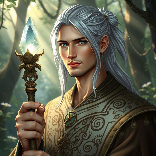 A handsome male fantasy cleric with striking teal eyes and long silver hair tied back elegantly