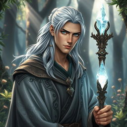 A handsome male fantasy cleric with striking teal eyes and long silver hair tied back elegantly