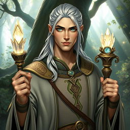 A handsome male fantasy cleric with striking teal eyes and long silver hair tied back elegantly