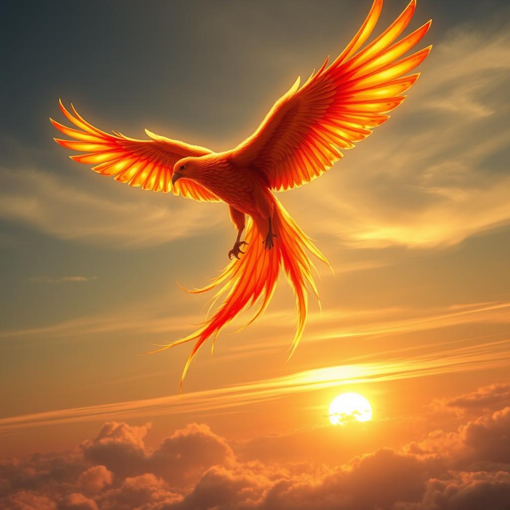 A magnificent mythical phoenix soaring high above the clouds, its vibrant plumage of fiery red, orange, and yellow feathers glowing in the sunlight