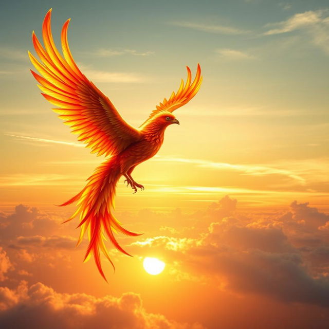 A magnificent mythical phoenix soaring high above the clouds, its vibrant plumage of fiery red, orange, and yellow feathers glowing in the sunlight