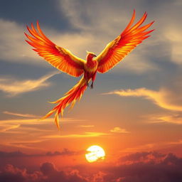 A magnificent mythical phoenix soaring high above the clouds, its vibrant plumage of fiery red, orange, and yellow feathers glowing in the sunlight