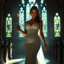 A beautiful young bride walking towards the viewer in a dimly lit church, holding a candle that emits a soft glow