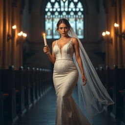 A beautiful young bride walking towards the viewer in a dimly lit church, holding a candle that emits a soft glow