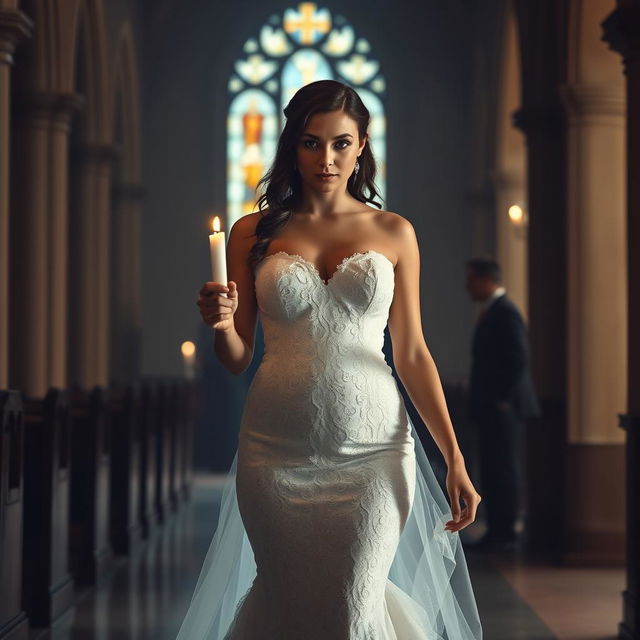 A beautiful young bride walking towards the viewer in a dimly lit church, holding a candle that emits a soft glow