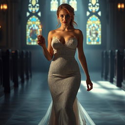 A beautiful young bride walking towards the viewer in a dimly lit church, holding a candle that emits a soft glow