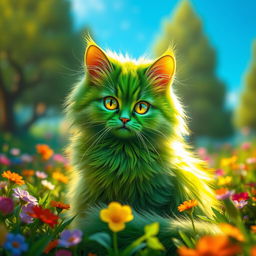 A fluffy, vibrant green cat with luminous eyes that sparkle with an enchanting glow