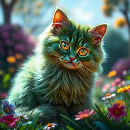A fluffy, vibrant green cat with luminous eyes that sparkle with an enchanting glow