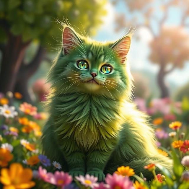 A fluffy, vibrant green cat with luminous eyes that sparkle with an enchanting glow