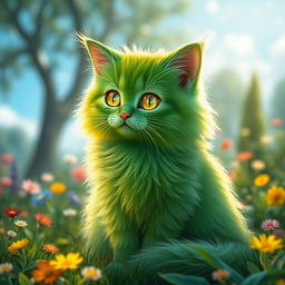 A fluffy, vibrant green cat with luminous eyes that sparkle with an enchanting glow