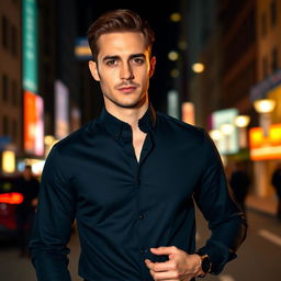 A stylish man wearing a black collar shirt, really sharp and fashionable