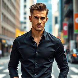 A stylish man wearing a black collar shirt, really sharp and fashionable