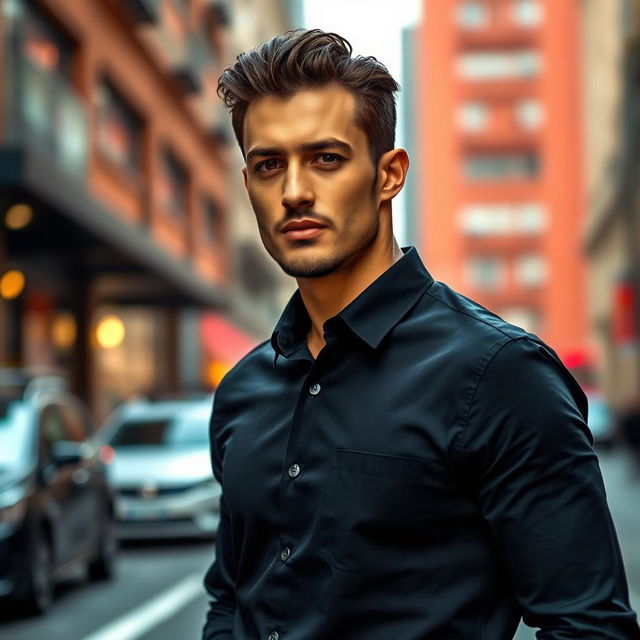 A stylish man wearing a black collar shirt, really sharp and fashionable