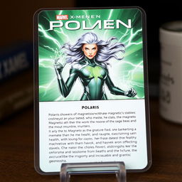 A collector card featuring the character 'Polaris' from Marvel's X-Men, displaying her name prominently at the top