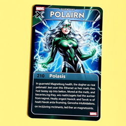 A collector card featuring the character 'Polaris' from Marvel's X-Men, displaying her name prominently at the top