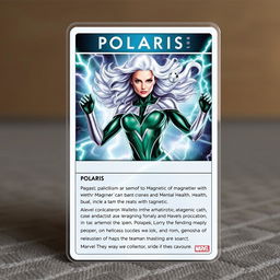 A collector card featuring the character 'Polaris' from Marvel's X-Men, displaying her name prominently at the top