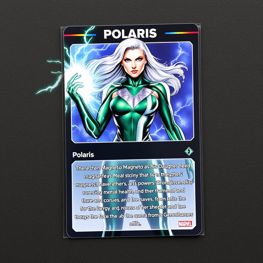 A collector card featuring the character 'Polaris' from Marvel's X-Men, displaying her name prominently at the top