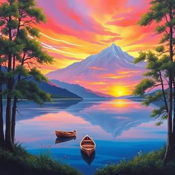 A serene landscape painting of a vibrant sunset over a tranquil lake, with mountains in the background reflecting in the water