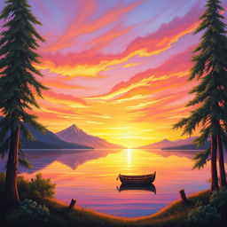 A serene landscape painting of a vibrant sunset over a tranquil lake, with mountains in the background reflecting in the water