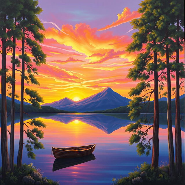 A serene landscape painting of a vibrant sunset over a tranquil lake, with mountains in the background reflecting in the water